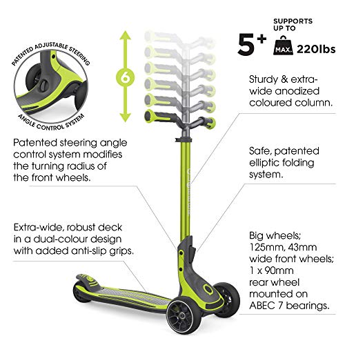 Globber ULTIMUM is Set to revolutionize The Riding Experience on 3-Wheel Scooters Thanks to Our Patented, Adjustable Steering Angle Control System at The Front of The Deck. (Lime Green)