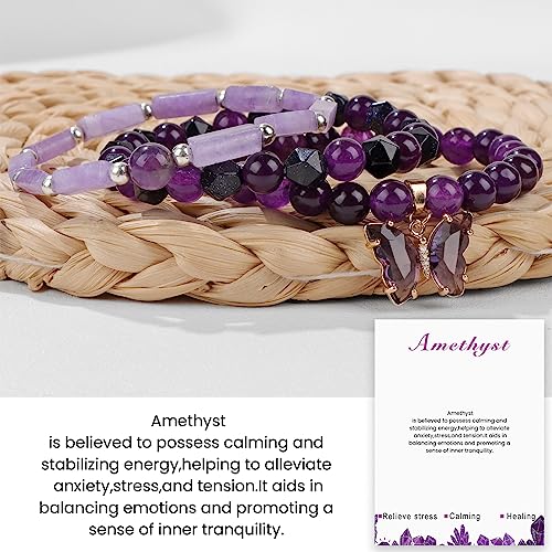Raicegs Healing Crystal Bracelets for Women Amethyst Rose Quartz Bracelet Set 8mm Natural Stone Beaded Bracelet Anxiety Stress Relief Purple Bracelets for Women3
