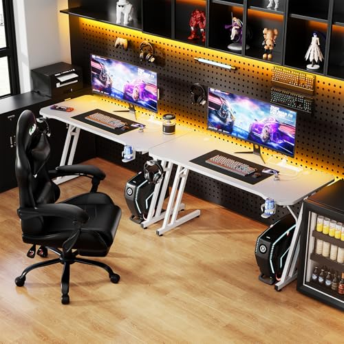 Image of Czlolo 47 Inch Gaming Desk with Power Outlets, L-Shape Leg Computer Desk, Gamer Desk for Small Space, Wtih Cup Holder, Headphone Stand, USB& Tpye-C Ports, Carbon Fiber Surface, White