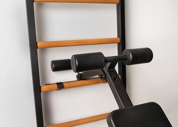 523B Wallbars, Stall Bars, Swedish Ladder, Gymnastic Ladder with Fixed Steel 6-Grip Pull Up Bar, Dip Bar with Back Support, Advanced Rotatable Workout Bench with Leg Support Rollers