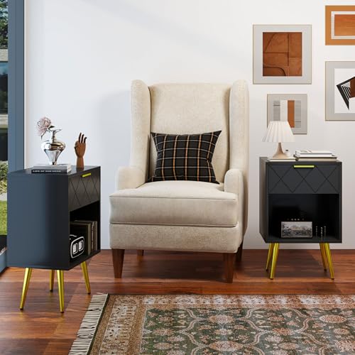 Black Nightstand, Bedside Table with Storage Drawer and Open Wood Shelf, Side Table with Gold Legs, Modern Style Night Stand End Table Drawer Dresser for Living Room Bedroom MLBZ19B Black Nightstand, Bedside Table with Storage Drawer and Open Wood Shelf, Side Table with Gold Legs, Modern Style Night Stand End Table Drawer Dresser for Living Room Bedroom MLBZ19B