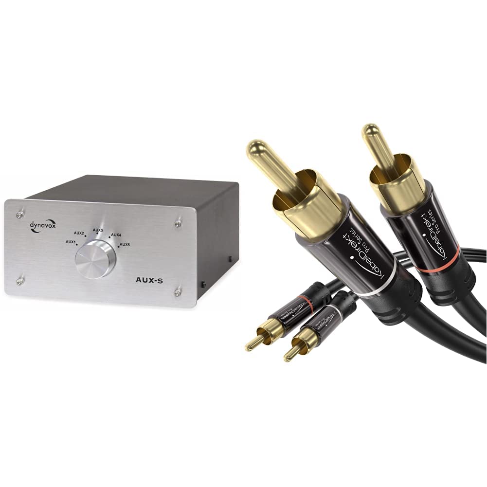Dynavox AUX-S, commutateur Audio-vidéo dans Un Chassis métallique avec 5 entrées Sources stéréo, Coloris argenté & KabelDirekt – 1,5m Câble Cinch/RCA (2 x fiches RCA mâle vers 2 x fiches RCA mâle)