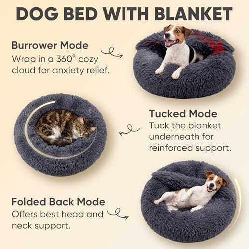 Image of Himax Medium Dog Bed, Round Dogs Beds with Blanket Attached, Comfort Fluffy Calming Dog Bed Washable (20 inch /26 inch /35 inch) Deep Grey
