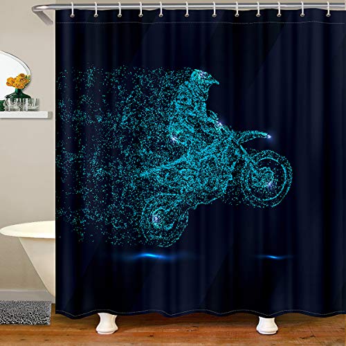 Dirt Bike Duschvorhang, Motocross Rider Badvorhang für Kinder Jungen Teenager Badezimmer, Motorrad Sport wasserdichte Duschvorhänge, Motorrad Extreme Sport Vorhang Sets, Blau, 180x200 (BxL) Cover