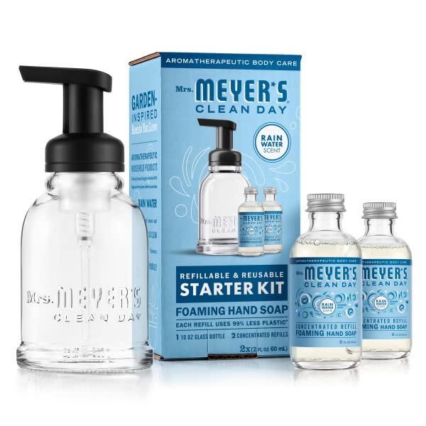 Mrs. MEYER'S CLEAN DAY Foaming Hand Soap Dispenser & Concentrate Starter Kit,1 Glass Dispenser (10 Fl. Oz.) & 2 Concentrated Refills (2 Fl.Oz. each),Rain Water, Makes 20 Fl. Oz. of Foaming Soap Total