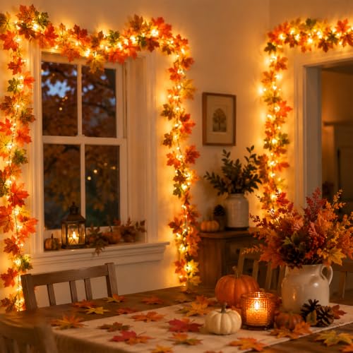Herbstdeko, Herbstgirlande mit LED Lichterkette 175 cm Ahornblätter Girlande, Girlande Herbst mit 50 Ahornblättern, Herbst Deko für Tür Kamin Fenster Treppe Erntedank Halloween Innenraum Dekoration – Bild 4