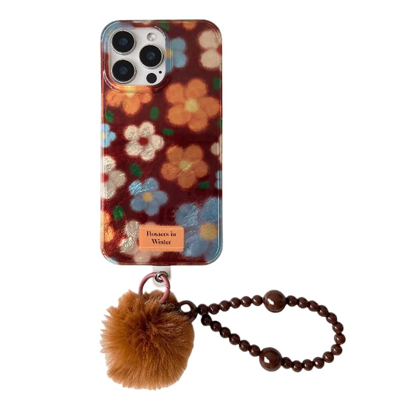 ZUDIISO for iPhone 14 Case，Floral Pattern iPhone Case with Furry Pom Pom Charm, Flowers in Winter Design Cell Phone Lanyard，Slim Shockproof Phone