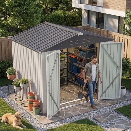 Image of Devoko 8 x 6 FT Storage Sheds with Floor Frame, Waterproof Garden Tool Shed with Lockable Door, Outdoor Metal Utility Shed for Backyard Patio Lawn, White
