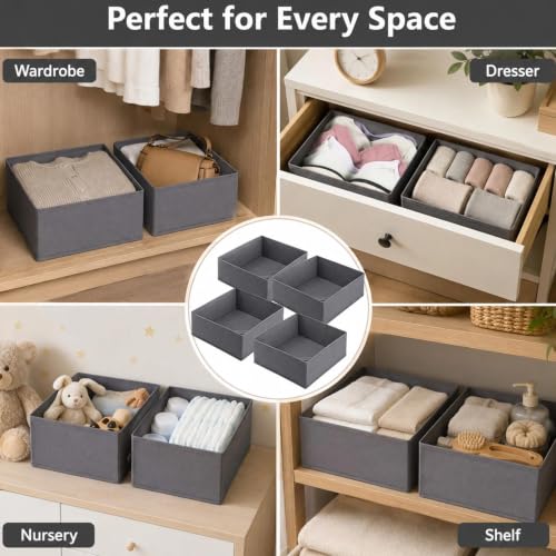 4 Pack Foldable Fabric Drawer Organiser, Large Clothes Drawer Organisers, Wardrobe Storage Boxes for Underwear, Bras, Scarves, Cosmetics, Closet Bedroom Shelves, Grey - Image 5