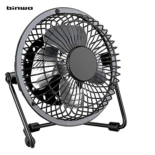 USB Ventilator, Binwo Ruhiger Persönlicher Mini Tischventilator, Tragbarer Metall-Lüfter für Büro zu Hause Schule Camping, Hohe Kompatibilität, Energieeinsparend, 360 Grad Drehung, 4 Zoll Schwarz