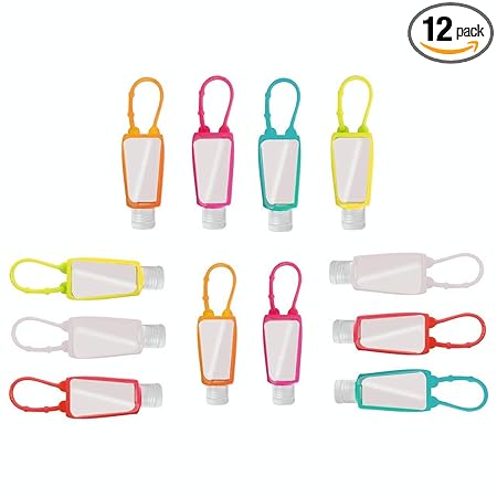 Arovea Leak-Proof, Refillable Silicone Portable Empty 12 Bottles & Cover for Sanitizer with Flip Top Caps, Ideal for Travelling, Keychain, Belt Holder, Hanging On Bags & Purses. (Pack Of 12) with FREE 25ml shampoo & conditioner