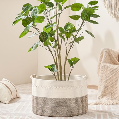 Image of KAKAMAY Large Blanket Basket (20 inchx13 inch),Woven Baskets for storage Baby Laundry Hamper, Cotton Rope Blanket Basket for Living Room, Laundry, Nursery, Pillows, Baby Toy chest (White /Beige)
