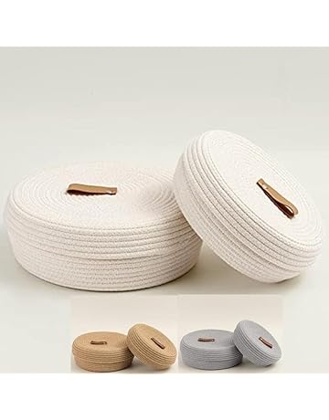 FIASCO mini rope laundry storage COTTON basket woven bag hamper baby nursery tray utility bucket organizer for kids toys, fruits,gifts,living room,kitchen,office set, shelfs (Jute)(White) Medium size