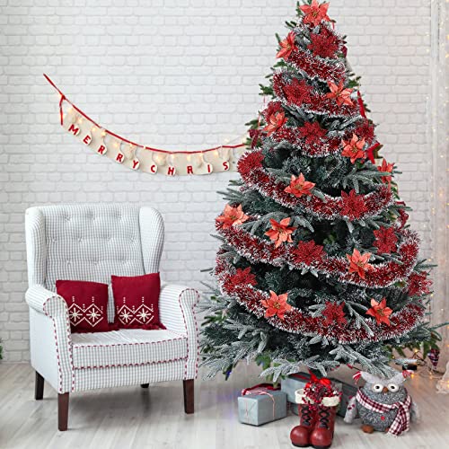 24 Pieces Christmas Glitter Poinsettia with Clips Christmas Poinsettia Decorations Artificial Poinsettia Flowers Ornament Christmas Flowers for New Year Wedding Home Decoration 5.9inch/15cm Red