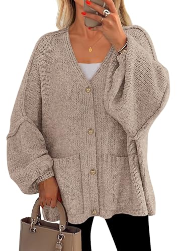 PRETTYGARDEN Fall Chunky Cardigan Sweaters for Women 2025 Button Lantern Sleeve Knit Oversized Sweater Coats with Pockets