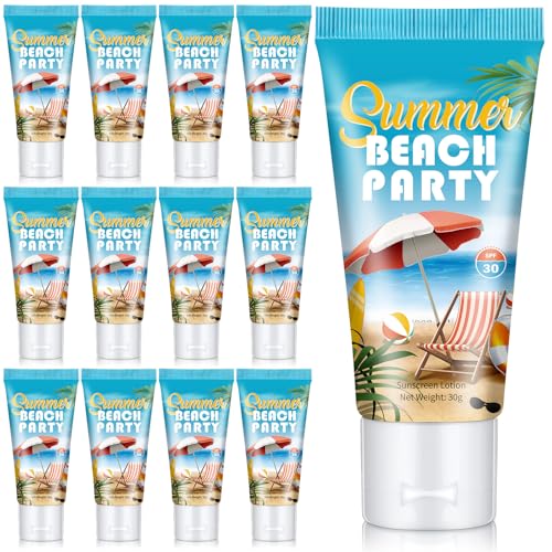 Image of 12 Pcs Mini Sunscreen Bulk for Summer Party Wedding SPF 30 Water Resistant Sunscreen Lotion Bulk 1oz Travel Size for Thank You Gifts Wedding Supplies (Beach Party)