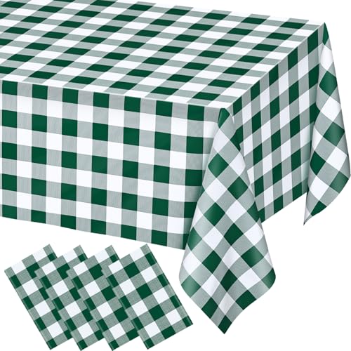 Image of WNINK 4 Pack Green and White Checkered Rectangular Plastic Tablecloths, Green Gingham Waterproof Disposable Table Covers 54 inch x 108 inch for Birthday, Wedding, Outdoor Picnic Camping Parties