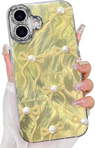 Image of VONZEE Compatible with iPhone 17 6.3'' Case Luxury Pink Girly Cute 3D Bow Pearl Glitter Bling Case with Full Camera Protection Shockproof PC+TPU Glossy Shiny Cover for Girls Women, Green