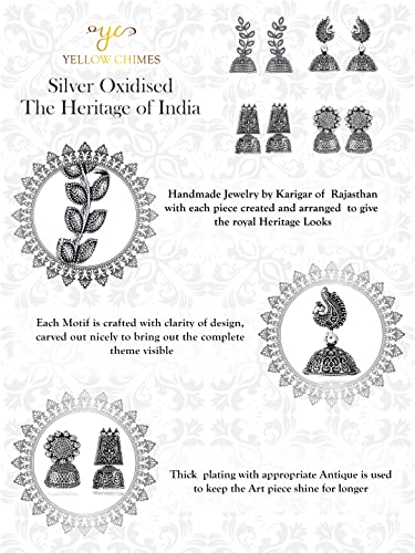 Image of Yellow Chimes Earrings for Women & Girls | Traditional Silver Oxidised Jhumka | German Silver Oxidized Drop Earring Set | Earrings Combo | Accessories Jewellery | Birthday & Anniversary Gift