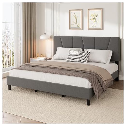 IDEALHOUSE King Size Bed Frame with Adjustable Headboard, Linen Upholstered King Platform Bedframe with Strong Wooden Slats, Mattress Foundation, No Box Spring Needed, Easy Assembly