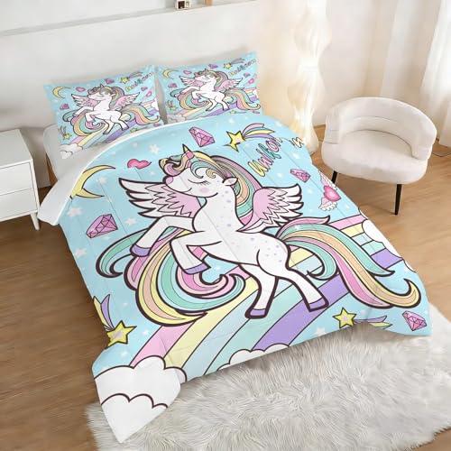 Image of Rainbow Unicorn Comforter Set Full Size Blue Unicorn Kids Bedding Sets for Girls Boys Teens Bedroom Decor Kawaii Cartoon Quilt 1 Comforter 2 Pillowcases