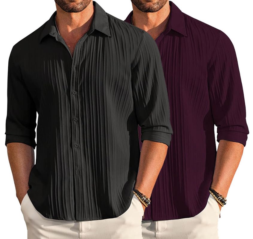 Image of DEELMO Combo of Men's Casual Button Down Shirts Long Sleeve Linen Shirt Fashion Textured Summer Shirts Pack of 2