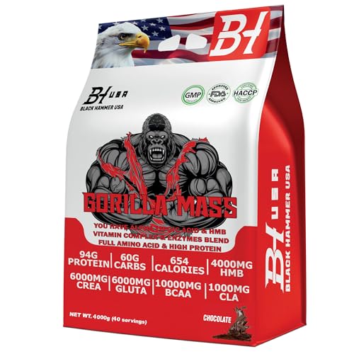 GORILLA Mass Gainer Protein – Advanced Weight Gainer for Fast Muscle Mass, Power & Strength | Black Hammer USA (4000g, Schokolade)