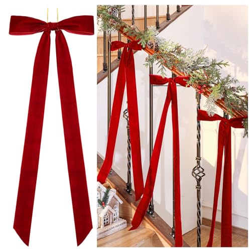 Yuxung 6 Pcs Large Velvet Christmas Wreath Bow 10'' x 33'' Burgundy Pre Tied Velvet Ribbon Bows Wired Red Christmas Tree Topper for Xmas Garland Home Door Outdoor Decorations(Red)