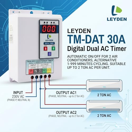Image of LEYDEN TM-DAT 30A, 220VAC, 1-999 Minutes on Off Digital Timer Switch for Dual AC Timer Switch for 2 Air Conditioner for Energy Saving (1-Year Warranty)