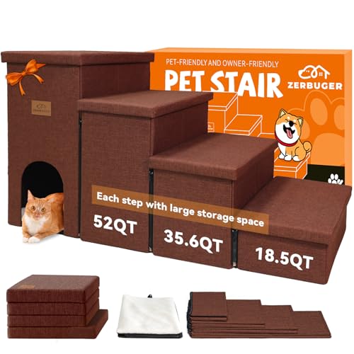 Image of Zerbuger Dog Stairs with Condo 23 inch H, 4-Step Wider Dog Steps for High Beds Window, Folding Storage Pet Stairs Gift for Small /Medium /Large Old Dogs Cats, Ramp for Climbing Car Hold Up to 200 lbs, Brown