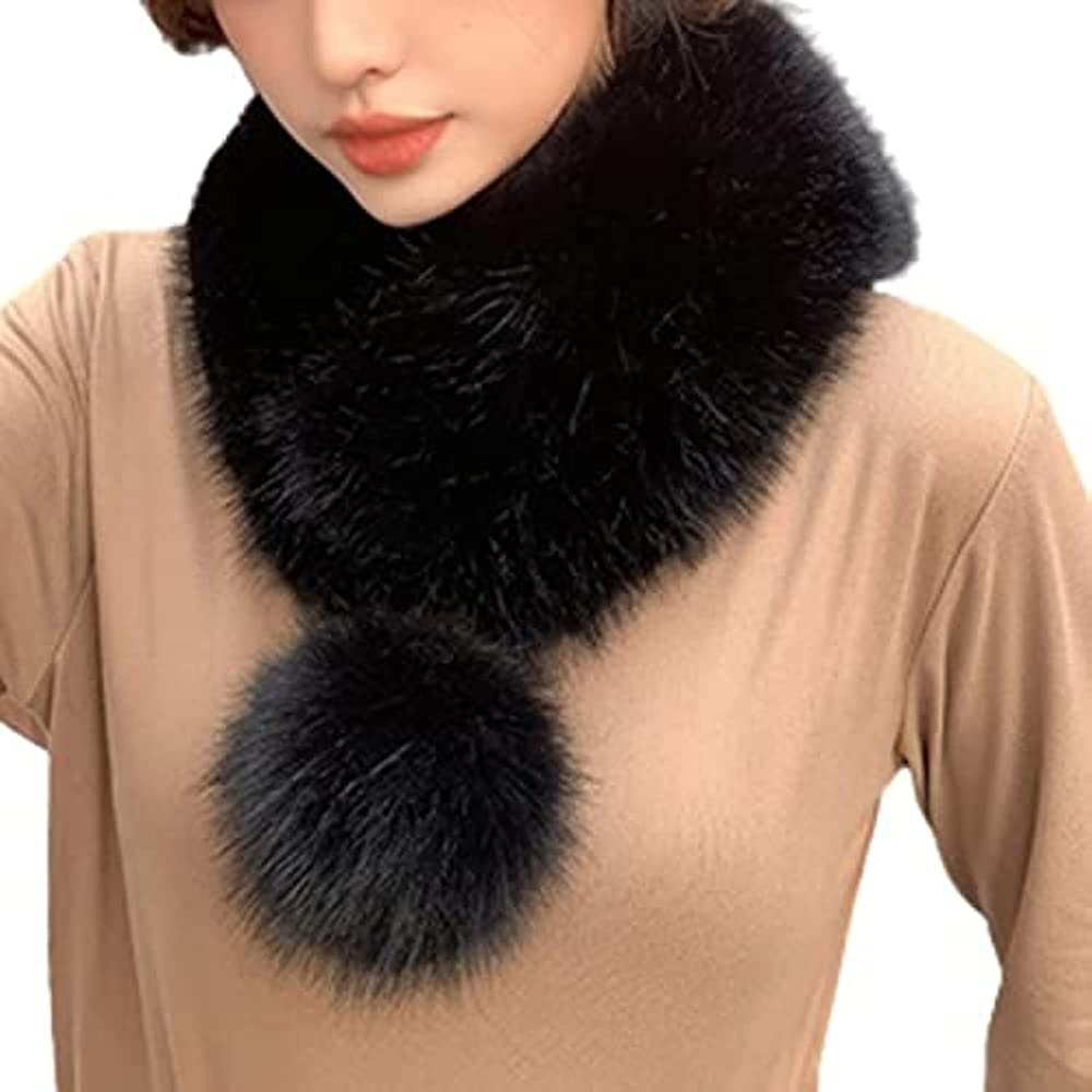 Ceaeis Women's Black Winter Thicken Soft Warm Imitation Fur Scarf With Pompom, Faux Collar Neck Warmer Wrap (Black)