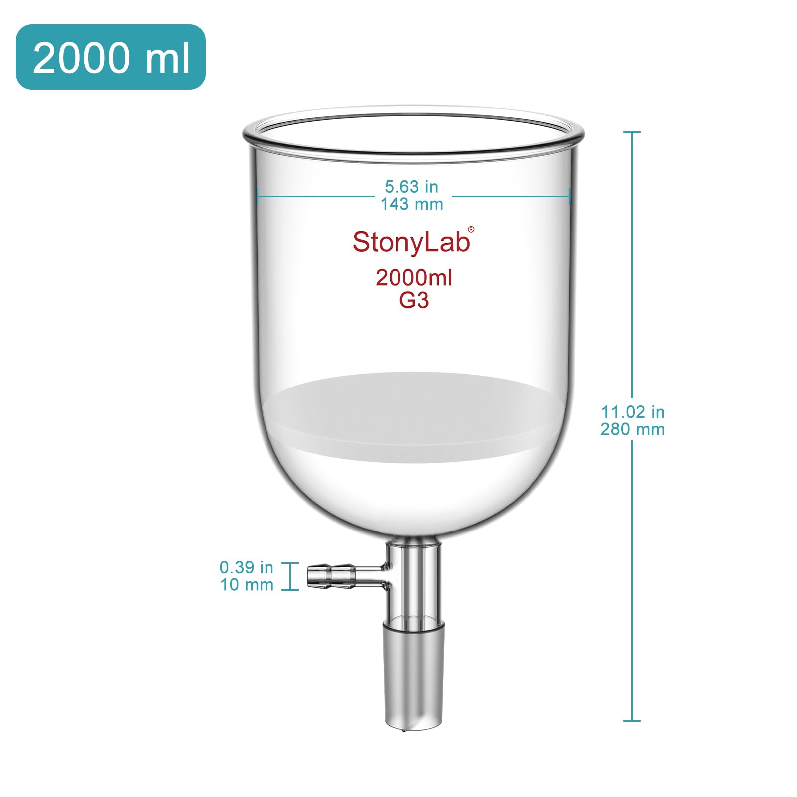 StonyLab Embudo de filtración Buchner con frita fina, diámetro del disco de 155 mm, profundidad de 145 mm, con junta interna cónica estándar 24/40 y tubulación dentada al vacío (2000 ml)