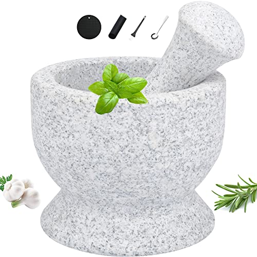 Tianman Mörser und Stößel Set aus unpoliertem Granit, 100 % hochwertiger Naturstein, Mörser und Stößel an beiden Enden verwendbar, 14 cm, 6,5 cm, mit Silikon-Pad/Knoblauchschäler und Edelstahllöffel Cover