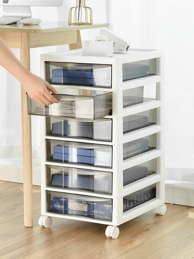 6 Drawers File Cabinet, Floor Storage Cabinet with Wheels, Drawer Cart Storage Organizer Dustproof Storage Containers Shelf Box for Home Office School, Plastic- White- 64.3 * 34.2 * 26.7CM (6 Layer)