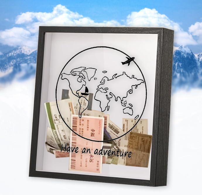 Sowoxdme Adventure Archive Travel Shadow Box with Slot for Travel Gifts Essentials, 8 In Large Travel Memory Keepsake Box Frame Display Cases for Tickets, Postcard & Photos(Black)