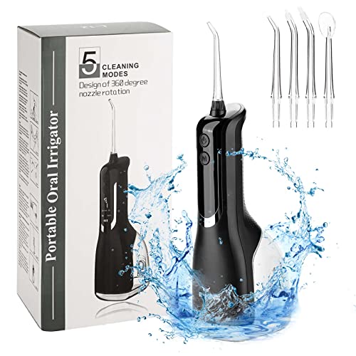Water Flosser, 5 Modes Oral Irrigator Portable and Rechargeable Water Dental Flosser E-King Waterproof Cordless Water Flosser Teeth Cleaning with OLED Display and 4 Jet Tips for Home & Travel (Black)