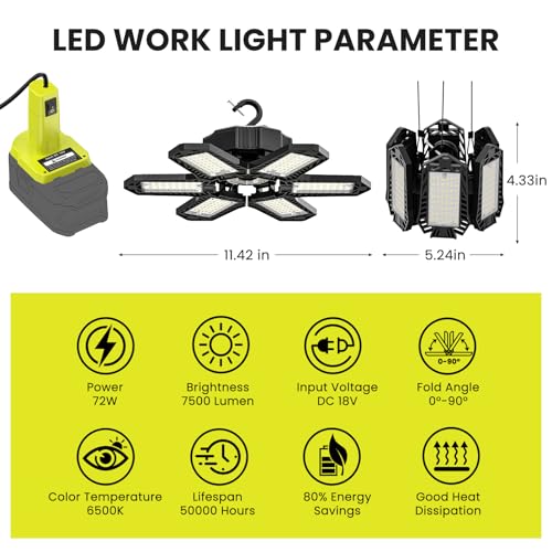 Image of LED Work Light Compatible with Ryobi 18V Battery - 68W 6800LM Garage Flood Light 6+1 Deformable Panels Pendant Ceiling Light, Emergency Camping Light for Shed, Workshop, Job Site