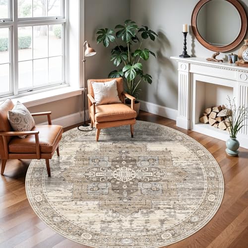 RUUGME Washable 6 ft Round Rug - Boho Rugs for Living Room Stain Resistant Carpet Vintage Tribal Rugs for Bedroom Kitchen Dining Room with Non Slip Backing Home Decor Floor Decoration Mat 6ft Beige
