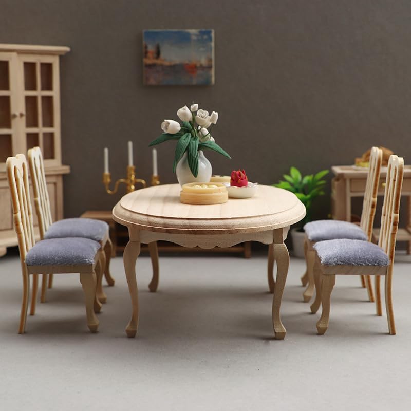 AirAds Dollhouse 1:12 Scale Dollhouse Miniatures Furniture Doll Accessories Dining Table and Chairs Set Unfinished Wood
