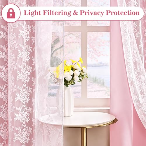 Image of Yinhua Pink Blackout Curtains for Bedroom Double Layer Nursery Curtains for Living Room 63 Inch Length 2 Panels Set Kid Curtain with Floral Sheer Overlay, Grommet Drapes with Tiebacks, 52 inch W x 63 inch L