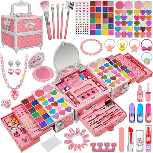 99 Pcs Kids Makeup Kit for Girls, Princess Toys Real Washable Cosmetics Set with Mirror,Rings, Necklace, Perfect for 3 4 5 6 7 8 Year Old Girls Birthday