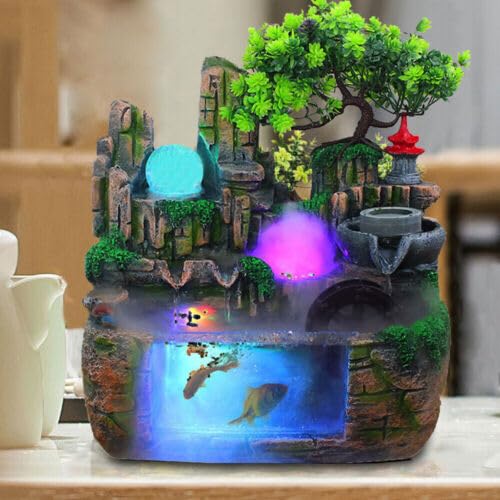 Fuente de habitación con plantas, 30 x 20 x 30 cm, fuente de mesa pequeña, fuente de jardín con iluminación LED, fuente de escritorio para decoración del hogar, vestíbulo, oficina, mesa de