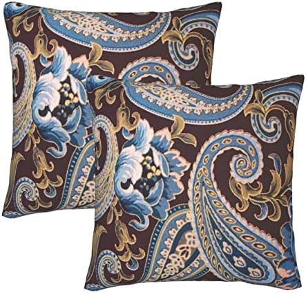 Mahito Set of 2 Throw Pillow Covers Blue Floral Brown Spirals Vintage Paisley Case Soft Velvet Decorative Home Decor Living Room Cushion Cover for Bed Couch Car 18x18 Inch (13652)