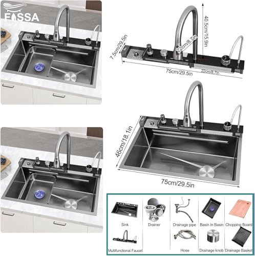 Image of Fossa Smart Piano Waterfall Kitchen Sink 30 inchx18 inchx09 inch 7-Year Warranty 3.5 mm Collar Thick 304 Stainless Steel with Pull-down Faucets with LED Panel and Digital Display - Black Matte Finish (5 Button)