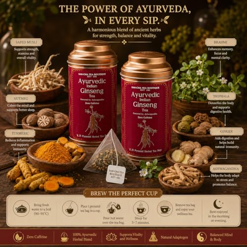 Image of Sancha Tea Boutique, Ginseng Herbal Tea with Ashwagandha (Indian Ginseng), 25 Pyramid Bags x Pack of 2, Caffeine Free Ayurvedic Herbal Tisane, Biodegradable Corn-Fibre Bags