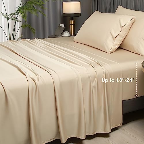 Ivellow 100% Viscose from Bamboo Sheets King Size, 18-24 Inch Extra Deep Pocket Beige Bed Sheets 4Pcs, Luxury Bamboo Viscose Cooling Sheets for King Size Bed, Silky Soft, Smooth, Breathable - Thumbnail 3