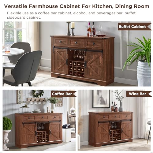 OKD-Farmhouse-Wine-Bar-Cabinet-wSliding-Barn-Door-54-Kitchen-Coffee-Bar-Cabinet-wWine-Glass-Rack-Storage-Shelves-3-Drawers-Rustic-Large-Buffet-Sideboard-for-Dining-Room-Reclaimed-Barnwood OKD Farmhouse Wine Bar Cabinet wSliding Barn Door 54 Kitchen Coffee Bar Cabinet wWine Glass Rack Storage Shelves 3 Drawers Rustic Large Buffet Sideboard for Dining Room Reclaimed Barnwood