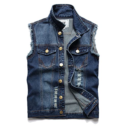 Image of Denim Vest Men Lapel Sleeveless Slim Fit Retro Ripped Casual Jean Vest for Men's