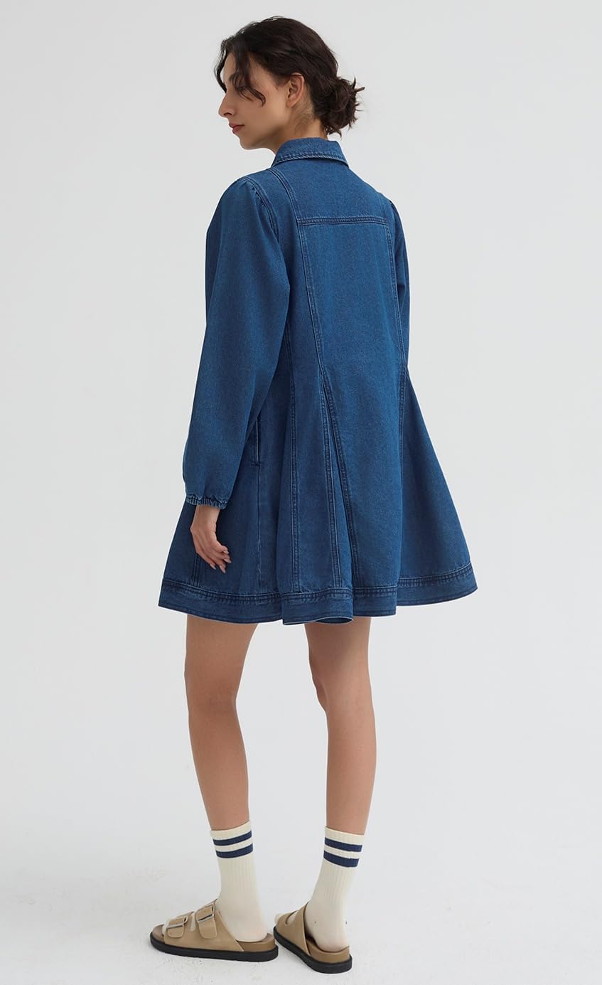 D-Sun Women's Long Sleeve Denim Dress Button Down Collar Casual A Line Swing Ruffle Jean Mini Dresses - Image 4