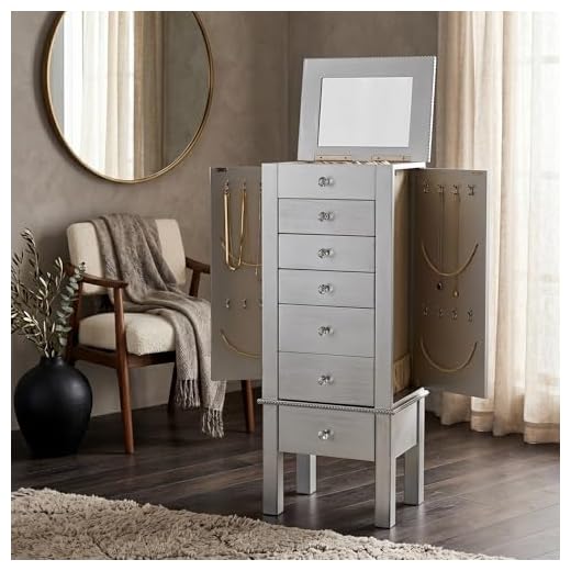 Hives and Honey Hannah Jewelry Armoire - Modern Silver Storage Organizer with Divided Drawers and Necklace Hooks - French-Inspired Design with Jewel-Like Pulls - Anti-Tarnish Felt Lining